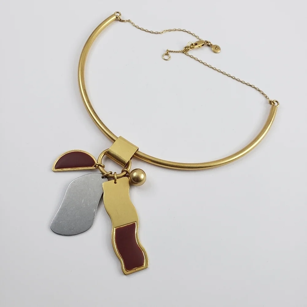 Madewell curved bar necklace - art deco pendants gold + silver tone + red brown - Picture 4 of 9